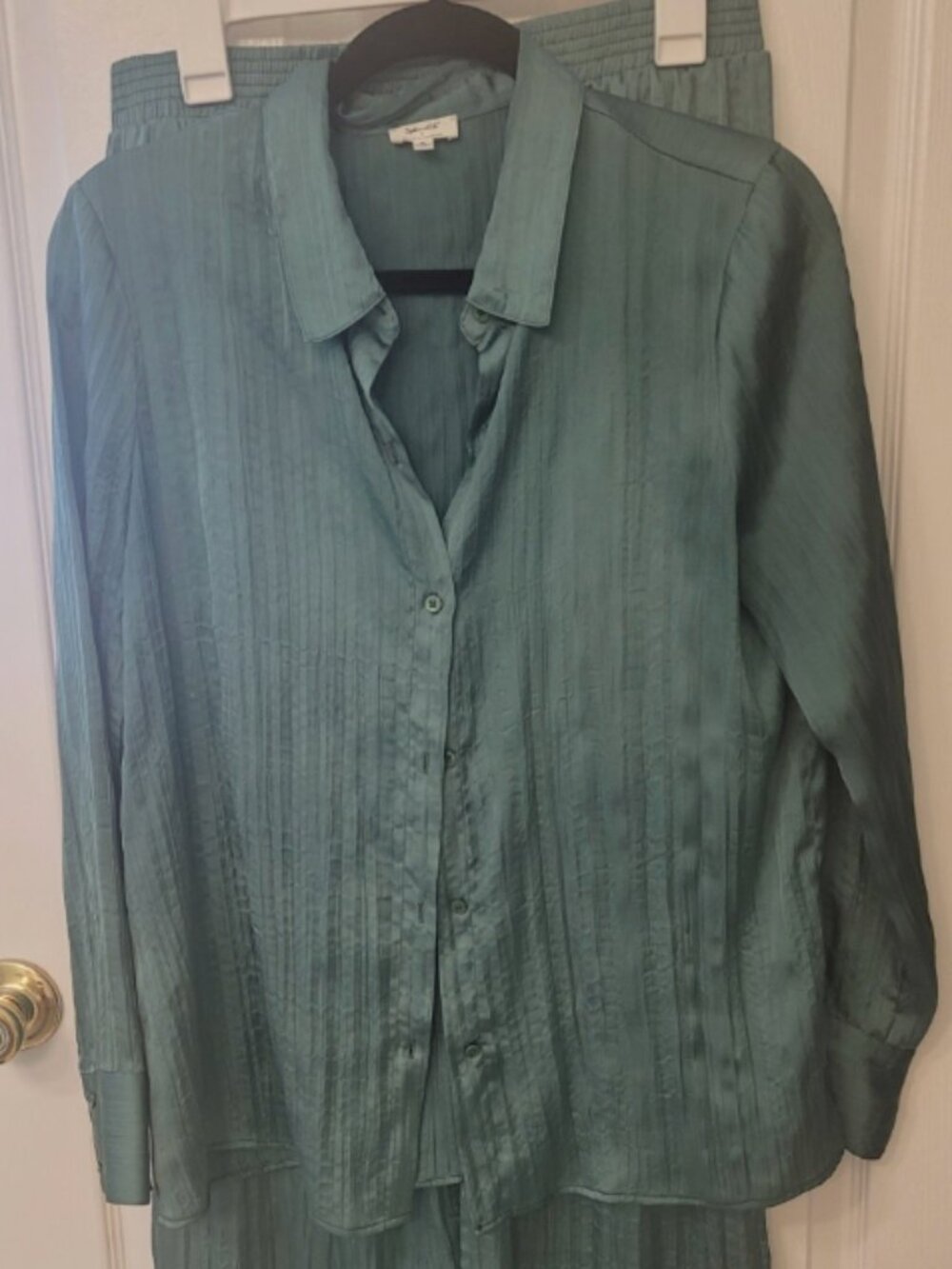 Splendid x Cella Jane Silk Satin Lounge Set Sage Green Button Top Pants Size M